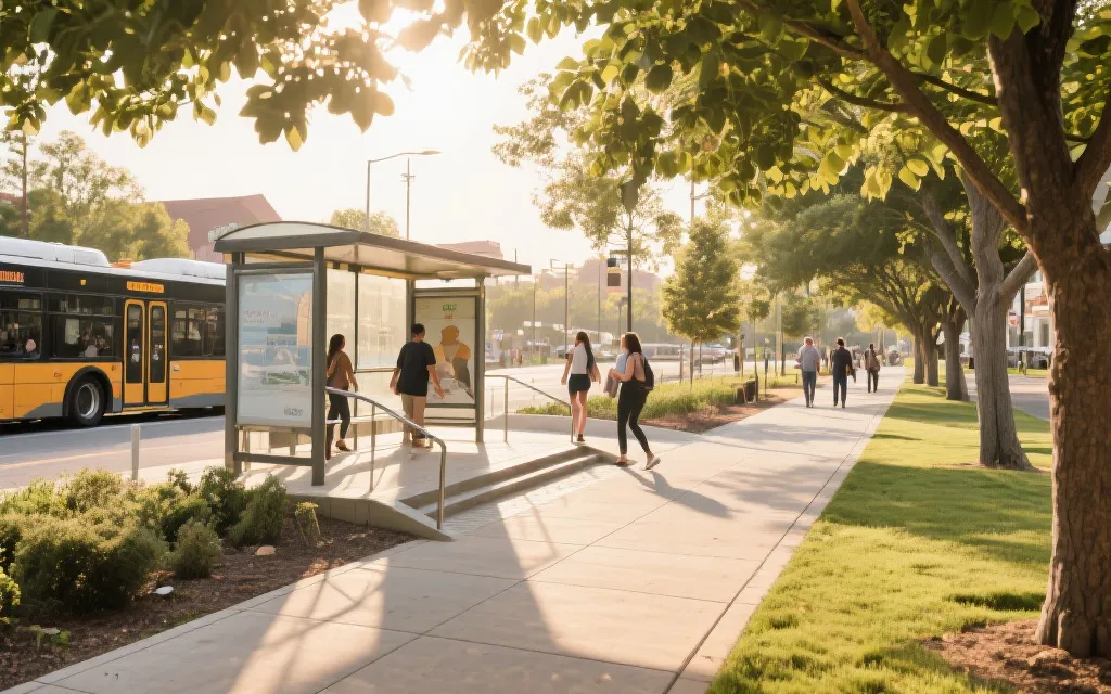 社区公共空间改造示意：树荫步道、无障碍坡道与公交接驳，体现赛事遗产与日常生活融合