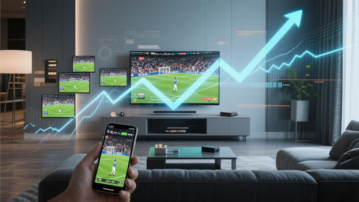 流媒体与电视多屏观赛场景，数据与增长曲线叠加的视觉概念