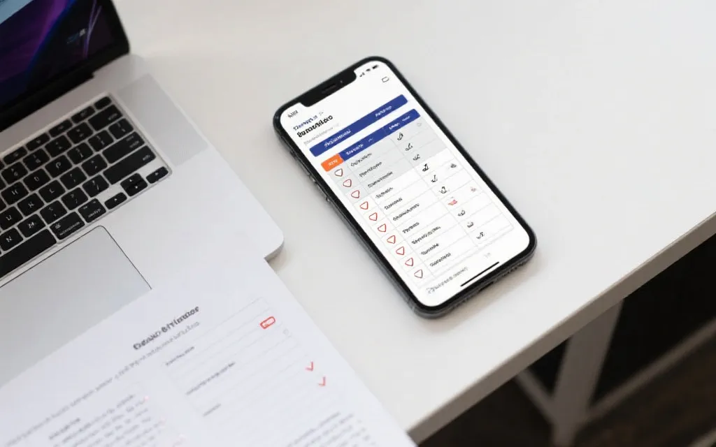 手机与笔记本屏幕上显示比赛日程与平台对比表的工作台场景