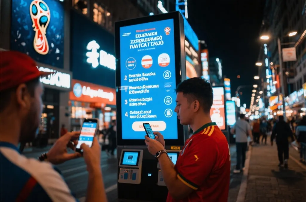 世界杯周边商圈的夜晚街景,球迷使用手机完成支付,电子屏幕显示多语言消费信息,充满国际赛事氛围